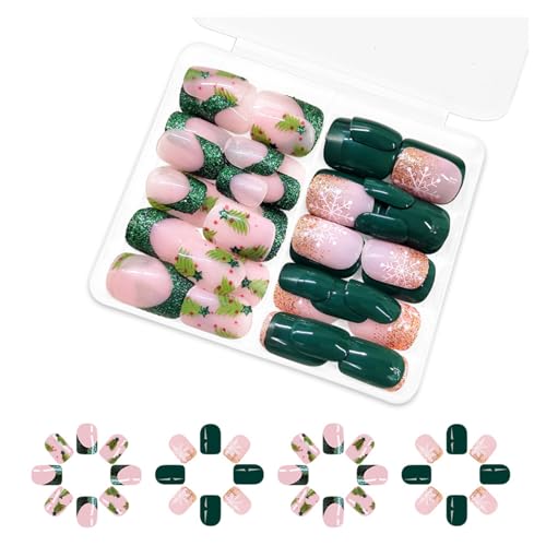 Nägel zum Aufdrücken, quadratisch, volle Abdeckung, zum Aufkleben, für Damen, weiße Schneeflocke, glitzernde Kunstnägel für Weihnachtsveranstaltungen von NPXUAMTJ