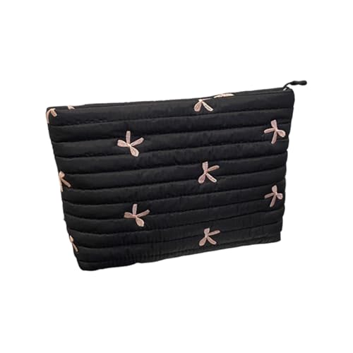Robuste, gesteppte Reise-Kulturbeutel, bestickter Akzent, geräumiger Innenbereich, Kosmetik-Organizer, Damen-Make-up-Tasche, Schwarz von NPXUAMTJ