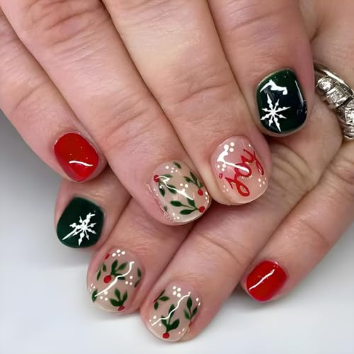 Weihnachten Press On Nails Kurze Quadratische Künstliche Nägel Schneeflocke Vollhüllen Stick On Nails Grüne Falsche Nägel Für Frauen von NPXUAMTJ
