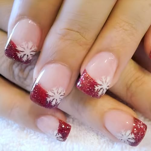 Weihnachtsnägel Kurze Quadratische Nägel Zum Aufdrücken Französische Spitze Glitzernde Künstliche Nägel Mit Designs Zum Aufkleben Auf Die Nägel Für Frauen 24 Stück von NPXUAMTJ
