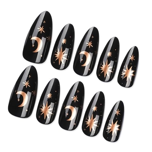 24 Pcs Frauen Gotische Schwarze Französische Tipps Presse Auf Nägeln Mit Sternmond Designs Mandelform Faux Nails Klebstoffe Auf Nägeln von NPYQ