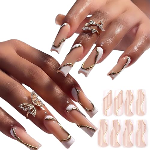 Nägel Zum Aufdrücken Quadratische Künstliche Nägel 3D French Tipps Künstliche Nägel Zum Aufkleben Für Frauen Inklusive Anwendungswerkzeug von NPYQ