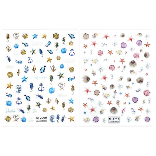 2 Bögen 5D Geprägte Nagelsticker, Muschel Seestern Nagelsticker Sommer Strand Nagelanhänger Selbstklebend Nagelabziehbilder DIY Nageldesign Maniküre-Dekorationen für Frauen Mädchen von NQEUEPN