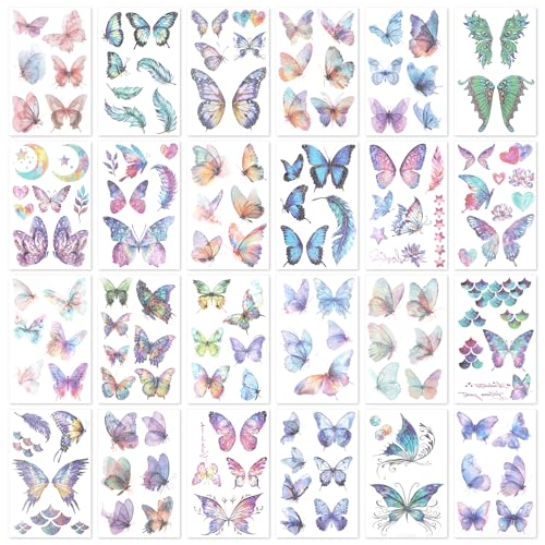24 Blätter Glitzer Schmetterlings Tattoos, Wasserfester Temporärer Schmetterlings-Tattoo-Aufkleber Temporäres Gesicht-Körper-Make-up-Tattoo für Frauen Mädchen Party Make-Up von NQEUEPN