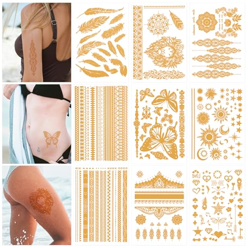 9 Blätter Goldene Temporäre Tattoos, 110+ Stile Temporäre Tattoos Metallic Goldene Tattoos Festival Stern Schmetterling Wasserfest Aufkleber für Frauen Mädchen Augen Gesicht Körperkunst von NQEUEPN