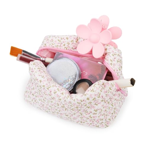 Blumen Make up Tasche, Große Kosmetische Tasche Make Up Tasche Aesthetic Blumen Süß Rosa Baumwolle Kosmetiktasche mit Blumenmuster für Frauen Mädchen von NQEUEPN