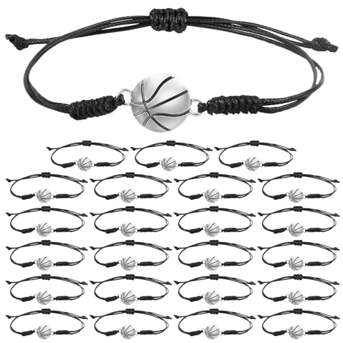 NQEUEPN 24 Stück Basketball Armbänder, Verstellbares Basketball Spieler Armband Handgeflochtenes Seil Basketball Charm Armband Unisex Sportschmuck Zubehör für Damen, Herren, Teenager von NQEUEPN