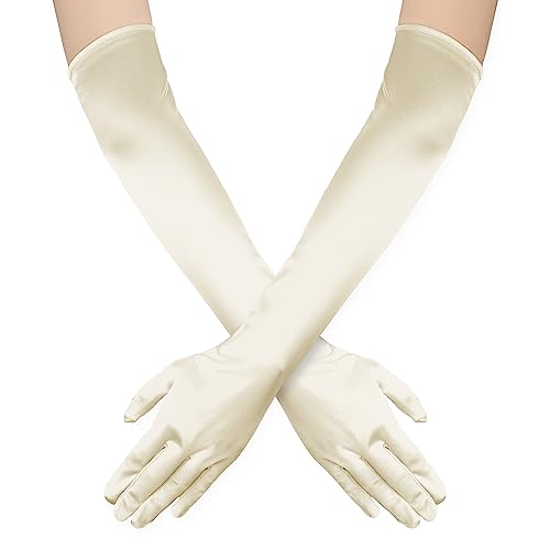 NQEUEPN Lange Damenhandschuhe, 52cm Lange Ellbogen Satinhandschuhe Opernhandschuhe Dehnbare 1920er Handschuhe Handpflege Feuchtigkeitshandschuhe für Frauen Mädchen Abendparty Tanz(Beige) von NQEUEPN