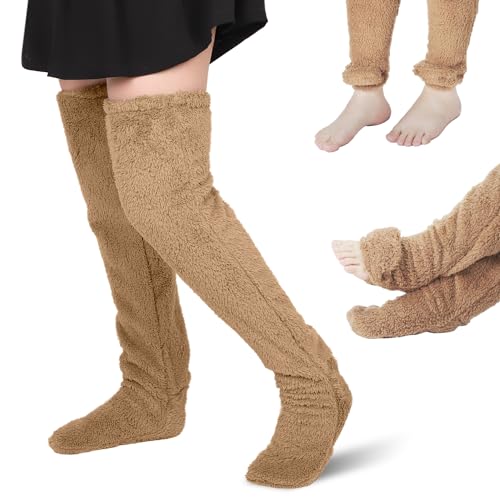 NQEUEPN Plüschige Warme Lange Socken, Warme Plüsch Langsocken Plüsch Slipper Strümpfe Pelzige Lange Beinwärmer Flauschige Oberschenkelhohe Socken für Frauen Winterschlafsocken zu Hause von NQEUEPN