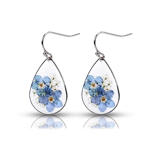 Ohrringe Vergissmeinnicht, Vergissmeinnicht Blumen Ohrringe Blumen Ohrringe Baumelnde Elegante Süße Gepresste Blumen Ohrringe Tropfen Ohrringe Schmuck für Frauen und Mädchen (Silber) von NQEUEPN