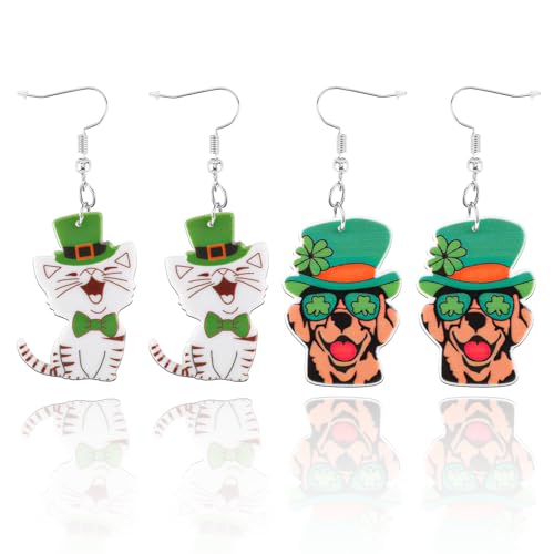 St. Patrick's Day Ohrringe für Frauen und Mädchen, Hufeisenhut Tropfenohrringe Katze Hund Baumelnde Ohrringe Tier Kleeblatt Ohrringe Hängend Geschenke für Irisches Festival von NQEUEPN