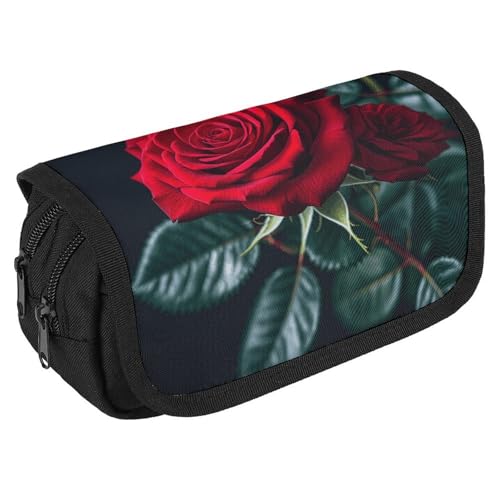 NQHJT Federmäppchen, viele rote Rose, schwarzer Hintergrund, großes Fassungsvermögen, Doppelreißverschluss, Aufbewahrungstasche, 2 Fächer, tragbare multifunktionale Tasche, Schreibtisch-Organizer, von NQHJT