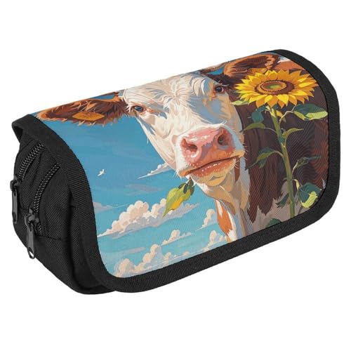 NQHJT Federmäppchen Kuh mit Sonnenblumen in Blau Große Kapazität Federmäppchen Doppelreißverschluss Aufbewahrungstasche 2 Fächer Tragbare Multifunktionstasche Schreibtisch Organizer Marker Stifteetui, von NQHJT