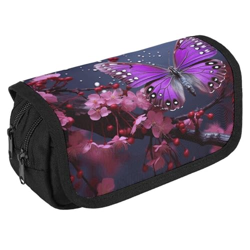 NQHJT Federmäppchen Lila Pflaume Schmetterling Große Kapazität Federmäppchen Doppelreißverschluss Aufbewahrungstasche 2 Fächer Tragbare Multifunktionstasche Schreibtisch Organizer Marker Stifteetui, von NQHJT
