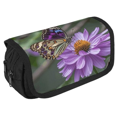 NQHJT Federmäppchen Lila Pflaume Schmetterling Große Kapazität Federmäppchen Doppelreißverschluss Aufbewahrungstasche 2 Fächer Tragbare Multifunktionstasche Schreibtisch Organizer Marker Stifteetui, von NQHJT