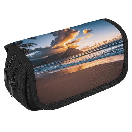 NQHJT Federmäppchen Strand Maui Hawaii Sonnenuntergang Meer Wellen Wolken Große Kapazität Federmäppchen Doppelreißverschluss Aufbewahrungstasche 2 Fächer Tragbare Multifunktionstasche Schreibtisch von NQHJT
