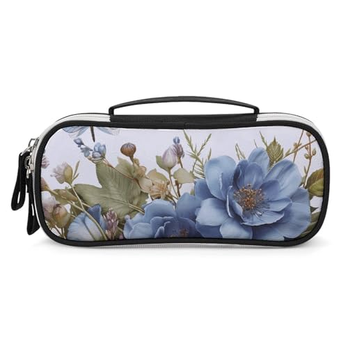 NQHJT Federmäppchen mit breiter Öffnung für Herren, großes Fassungsvermögen, Federmäppchen, Organizer, blaue Blumen und Libellen, tragbar, ästhetisches Federmäppchen, Schreibwaren, Marker, von NQHJT