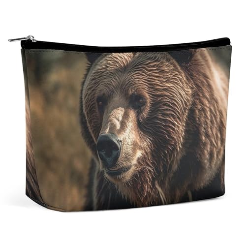 NQLYUT Make-up-Tasche, tragbare Kosmetiktasche, Motiv: Tiere und Wald, Kulturbeutel, Make-up-Organizer, große Kapazität, Reißverschluss-Tasche, Reise-Kulturbeutel für Damen und Herren, Bär auf dem von NQLYUT