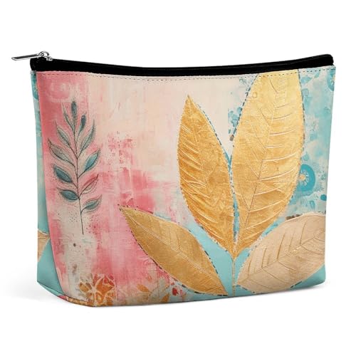 NQLYUT Make-up-Tasche, tragbare Kosmetiktasche, gelbes Muster, Kulturbeutel, Make-up-Organizer, große Kapazität, Reißverschluss-Tasche, Reise-Kulturbeutel für Damen und Herren, Mit Pfirsichblättern, von NQLYUT