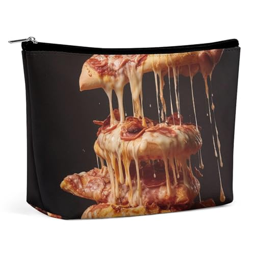 NQLYUT Make-up-Tasche, tragbare Kosmetiktasche, weiße Katze, Malerei, Kulturbeutel, Make-up-Organizer, große Kapazität, Reißverschluss-Tasche, Reise-Kulturbeutel für Damen und Herren, Etwas Pizza, von NQLYUT