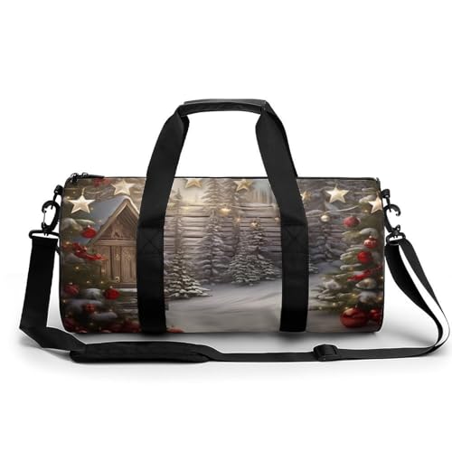 Sporttasche mit buntem Hundepfotenabdruck, Seesack für Männer und Frauen, Übernachtungstasche mit Schuhfach, Workout-Taschen, Weihnachtsholz, 17.7in/9in/9in, Art déco von NQLYUT