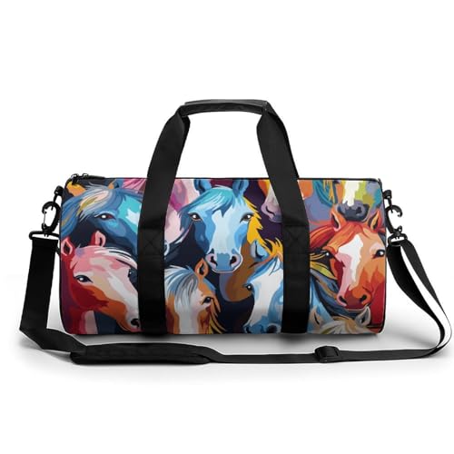 Turnbeutel Flamingos Party Duffel Bag für Männer Frauen Übernachtungstasche mit Schuhfach Workout Taschen, Bunte Cartoon-Pferde., 17.7in/9in/9in, Art déco von NQLYUT