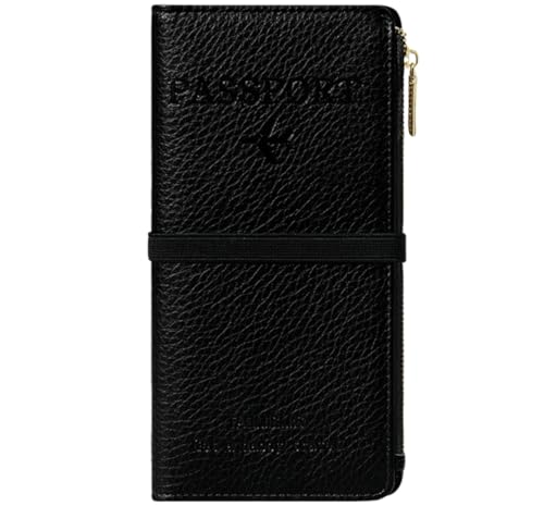 NQQNQQ RFID-blockierende Leder-Reisebrieftasche und Reisepasshülle mit Reißverschlusstasche, Kartenfächern und Handyfach, wasserdichter Reise-Organizer für Damen und Herren TG-1, Schwarz , 8.26 x 4.13 von NQQNQQ