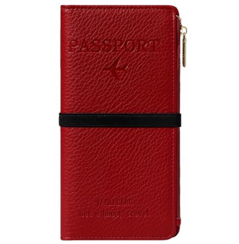 NQQNQQ RFID-blockierende Leder-Reisebrieftasche und Reisepasshülle mit Reißverschlusstasche, Kartenfächern und Handyfach, wasserdichter Reise-Organizer für Damen und Herren TG-1, rot, 8.26 x 4.13 von NQQNQQ