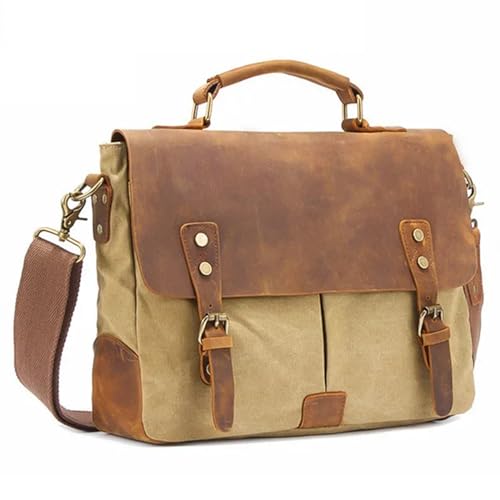 NQYZZFD Vintage Laptop-Aktentaschen Crazy Horse Leder Canvas Messenger Bags Große Kapazität Verstellbare Reisehandtasche Für Männer Und Frauen,Khaki von NQYZZFD