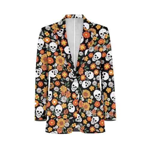 Herren Casual Blazer Langarm Anzugjacken Sportmäntel One Button Business Jacke mit Tasche S-5XL, Totenkopf Blume, 5XL von NRBEAWD