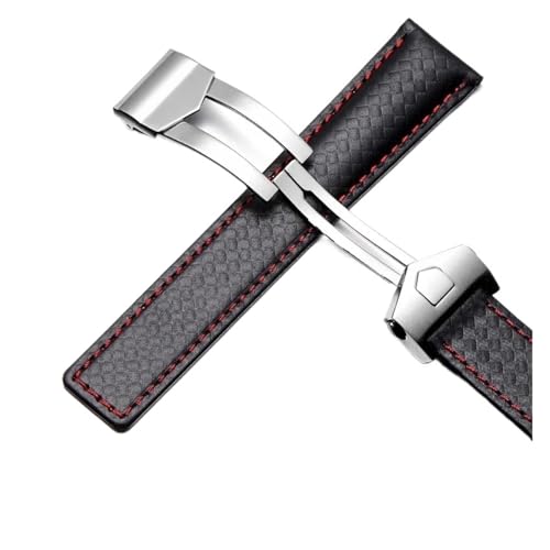 NRERDMT Rindsleder-Armband kompatibel mit TAG Heuer Calera Monaco F1 Schwarz Rot Herren Echtlederarmband Metallfaltschließe(B Black red Silver) von NRERDMT