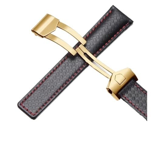 NRERDMT Rindsleder-Armband kompatibel mit TAG Heuer Calera Monaco F1 Schwarz Rot Herren Echtlederarmband Metallfaltschließe(B Black red golden) von NRERDMT