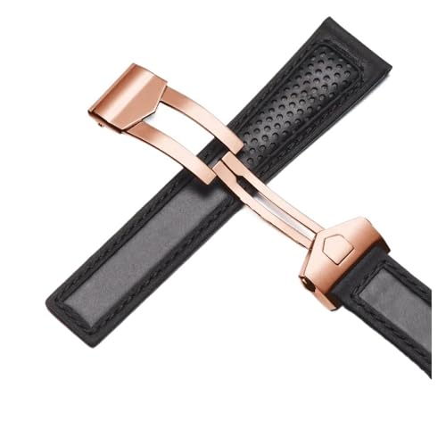 NRERDMT Rindsleder-Armband kompatibel mit TAG Heuer Calera Monaco F1 Schwarz Rot Herren Echtlederarmband Metallfaltschließe(Black Rose gold) von NRERDMT