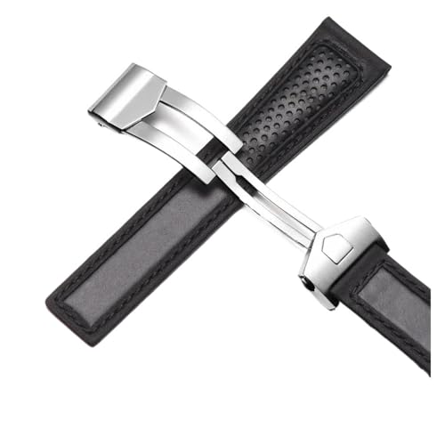NRERDMT Rindsleder-Armband kompatibel mit TAG Heuer Calera Monaco F1 Schwarz Rot Herren Echtlederarmband Metallfaltschließe(Black Silver Buckle) von NRERDMT