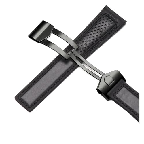 NRERDMT Rindsleder-Armband kompatibel mit TAG Heuer Calera Monaco F1 Schwarz Rot Herren Echtlederarmband Metallfaltschließe(Black black buckle) von NRERDMT