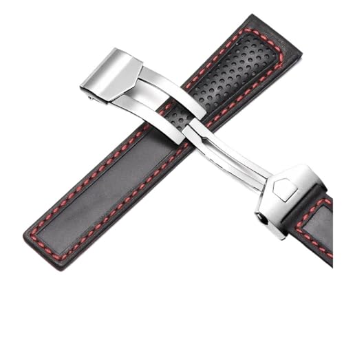 NRERDMT Rindsleder-Armband kompatibel mit TAG Heuer Calera Monaco F1 Schwarz Rot Herren Echtlederarmband Metallfaltschließe(Black red Silver) von NRERDMT