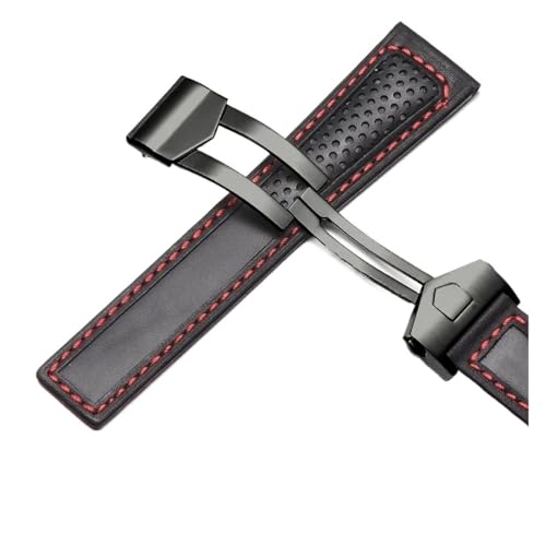 NRERDMT Rindsleder-Armband kompatibel mit TAG Heuer Calera Monaco F1 Schwarz Rot Herren Echtlederarmband Metallfaltschließe(Black red black) von NRERDMT