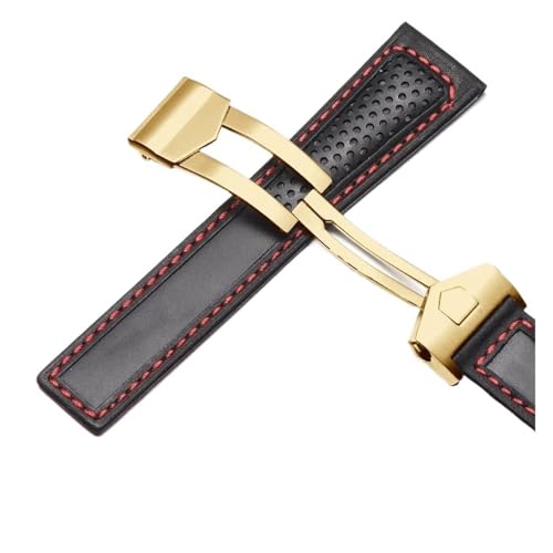 NRERDMT Rindsleder-Armband kompatibel mit TAG Heuer Calera Monaco F1 Schwarz Rot Herren Echtlederarmband Metallfaltschließe(Black red golden) von NRERDMT