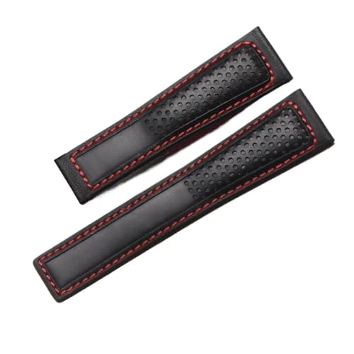 NRERDMT Rindsleder-Armband kompatibel mit TAG Heuer Calera Monaco F1 Schwarz Rot Herren Echtlederarmband Metallfaltschließe(Black red no buckle) von NRERDMT