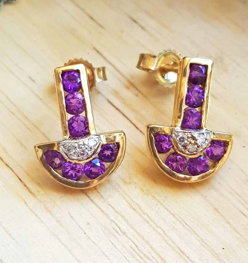 Echte Natürliche 1.71Ct Amethyst & 6 Diamant I J 9K Solid Gelbgold Ohrstecker Baumeln Zurück Drücken Hochzeit Jahrestag Verlobung Heilung von NRSDiamonds