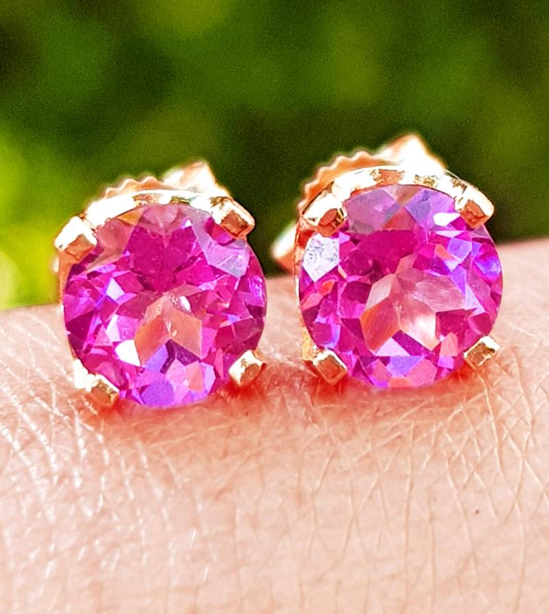 Echte Natürliche Runde Vs Pink Topas 14K Solid Gelbgold Ohrstecker. Jahrestag Hochzeit Push Back Ohrringe. Rosa Schmuck Ohrstecker von NRSDiamonds