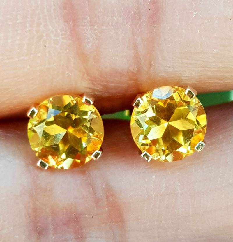 Echte Natürliche Vs Gelb Citrin 14K Solid Gelbgold Ohrstecker. Rund Goldschmuck. Drücken Sie Zurück Geburtsstein Ohrringe. Glücksstein von NRSDiamonds