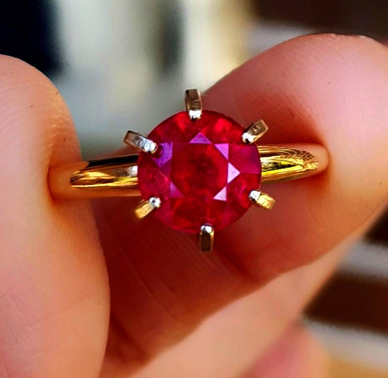 Echter Natürlicher Roter Rubin Solitär Massiver 14K Gelbgold Ring. Verlobung Hochzeit Jahrestag Diamant Alternative. Rot Runde Schmuck von NRSDiamonds