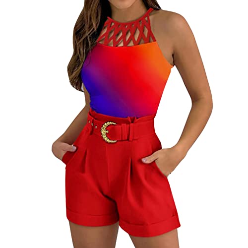 NRTOTI 2 Teiler Damen Kurze Elegant Sexy Neckholder ärmelloses Top und Shorts mit Gürtel Hosenanzug Sommer Festlich Schick Outfit Lässiger Anzug Zweiteiler Freizeitanzug Strand Urlaub Streetwear von NRTOTI