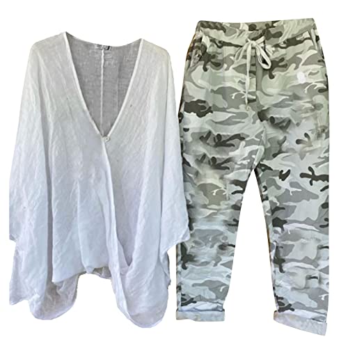 NRTOTI 2 Teiler Damen Sommer Elegant Leinenhose Festlich Zweiteiler Mode Outfit Lässiger Anzug Freizeitanzug mit Taschen Hausanzug Tracksuit Loungewear Strand Urlaub Streetwear von NRTOTI