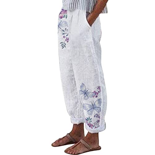 NRTOTI Sommerhose Damen Leicht Hoher Taile Leinenhose Sommer Baggy 7/8 Lose Leinen Baumwolle Hose Luftige Stoffhose Freizeithose mit Taschen Boho Strandhose Pumphose Yogahose Jogginghose Sporthose von NRTOTI