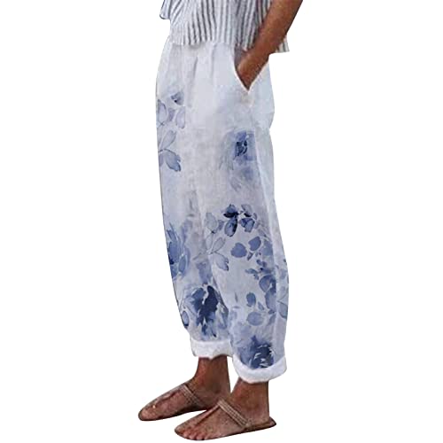 NRTOTI Sommerhose Damen Leicht Hoher Taile Leinenhose Sommer Baggy 7/8 Lose Leinen Baumwolle Hose Luftige Stoffhose Freizeithose mit Taschen Boho Strandhose Pumphose Yogahose Jogginghose Sporthose von NRTOTI