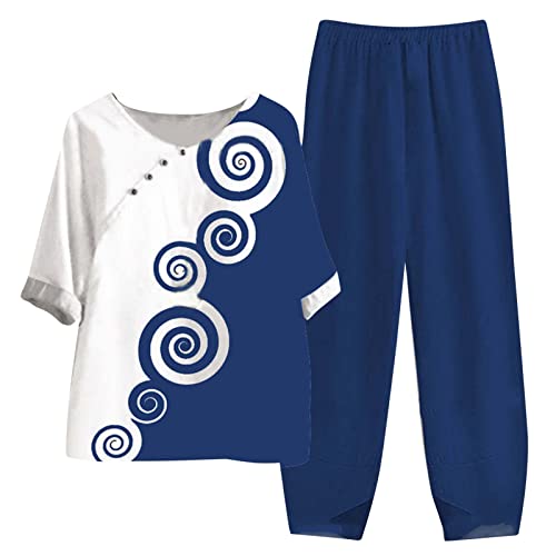 Zweiteiler Damen Sommer Plissee Luftige Leinen Zweiteiler Outfit Elegant 2 Teiler Hosenanzug Set Lässig Kurzarm Oberteil und Weite Hose Caprihose Freizeithose Trainingsanzüge Loungewear Streetwear von NRTOTI