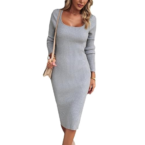 NRVTRE Langärmliges Figurbetontes Kleid Für Damen Einfarbig Schmales Langes Kleid Hohe Taille Quadratischer Ausschnitt Geripptes Kleid Quadratisches Häkel Strickkleid Für Damen Vintage Stil von NRVTRE