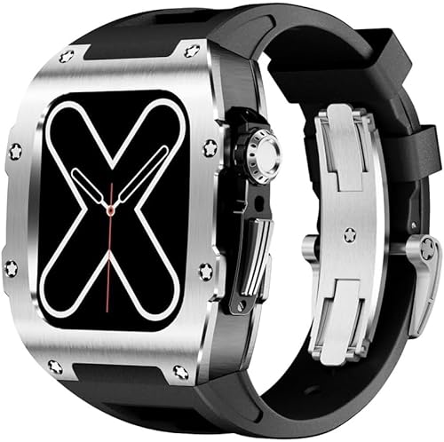 NRYCR Robustes Titan-Gehäuse, Gummiband, Mod-Kit, für Apple Watch 44, 45 mm, Ersatzzubehör, für Herren und Damen, Hartmetall-Uhrengehäuse, Silikon-Uhrenarmband, für iWatch 9, 8, 7, 6, 5, 4, SE-Serie, von NRYCR